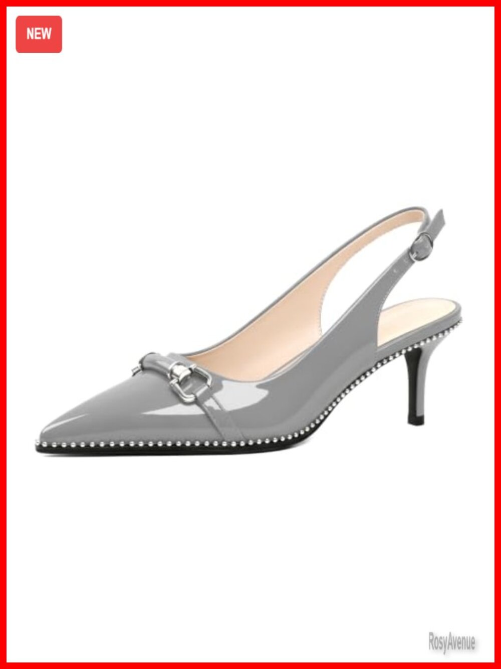Slingback Kitten Heels Pointed Toe Faux Leather Beaded Pumps